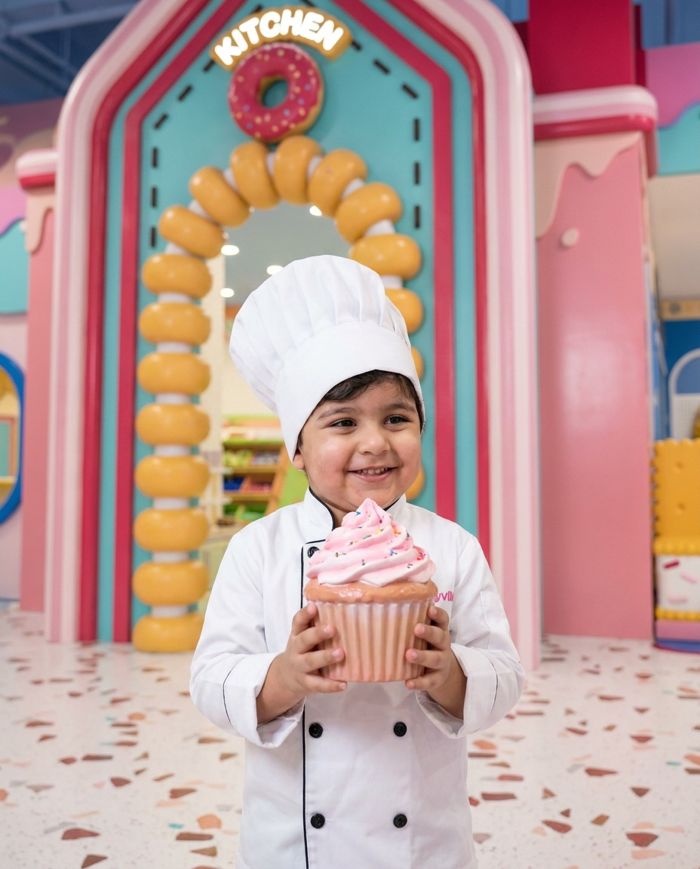 Child chef holding a giant cupcake