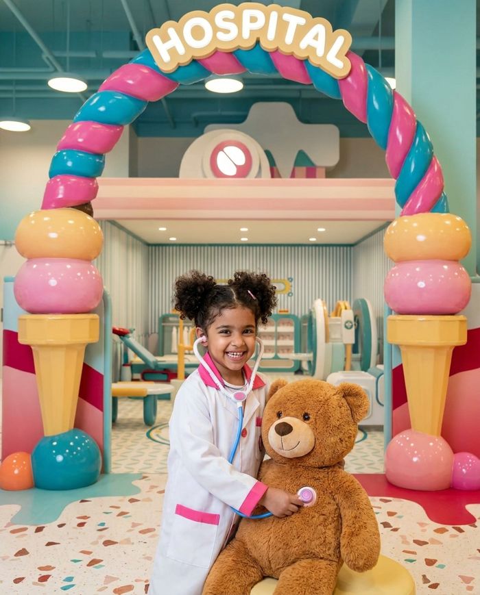 Child playing doctor at the candy hospital